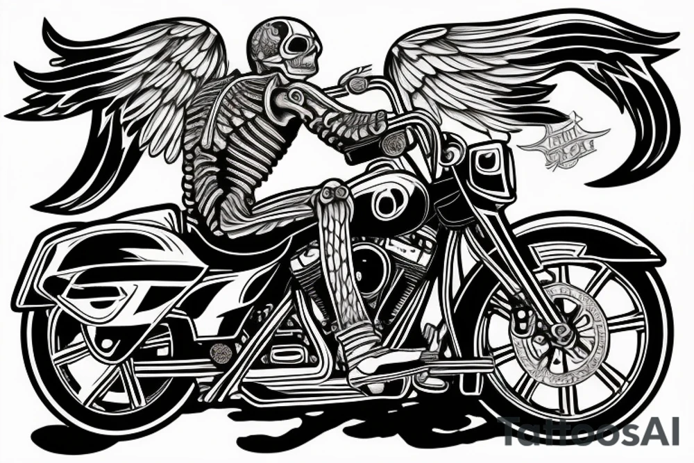 FULL BACK PIECE SKELETON RIDING A Harley Davidson STREET GLIDE THROUGH A DFRAMATIC OLD DESTERTED TOWN tattoo idea