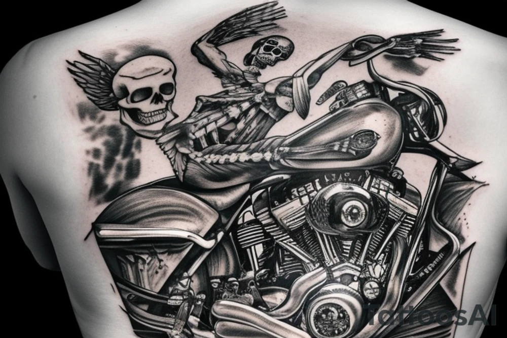 FULL BACK PIECE SKELETON RIDING A Harley Davidson STREET GLIDE THROUGH A DFRAMATIC OLD DESTERTED TOWN tattoo idea