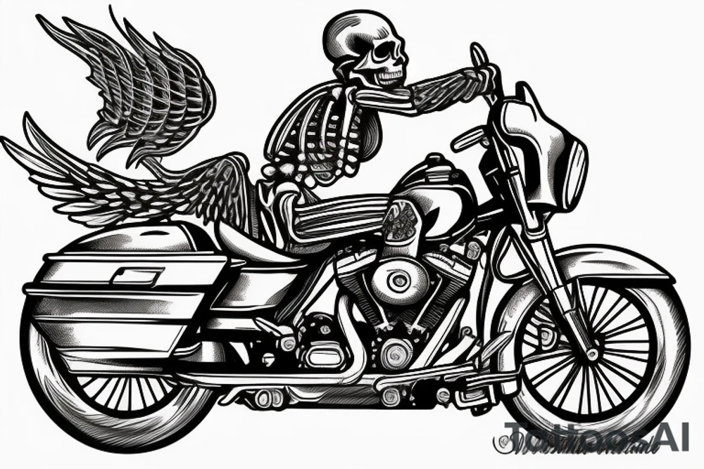 FULL BACK PIECE SKELETON RIDING A Harley Davidson STREET GLIDE THROUGH A DFRAMATIC OLD DESTERTED TOWN tattoo idea