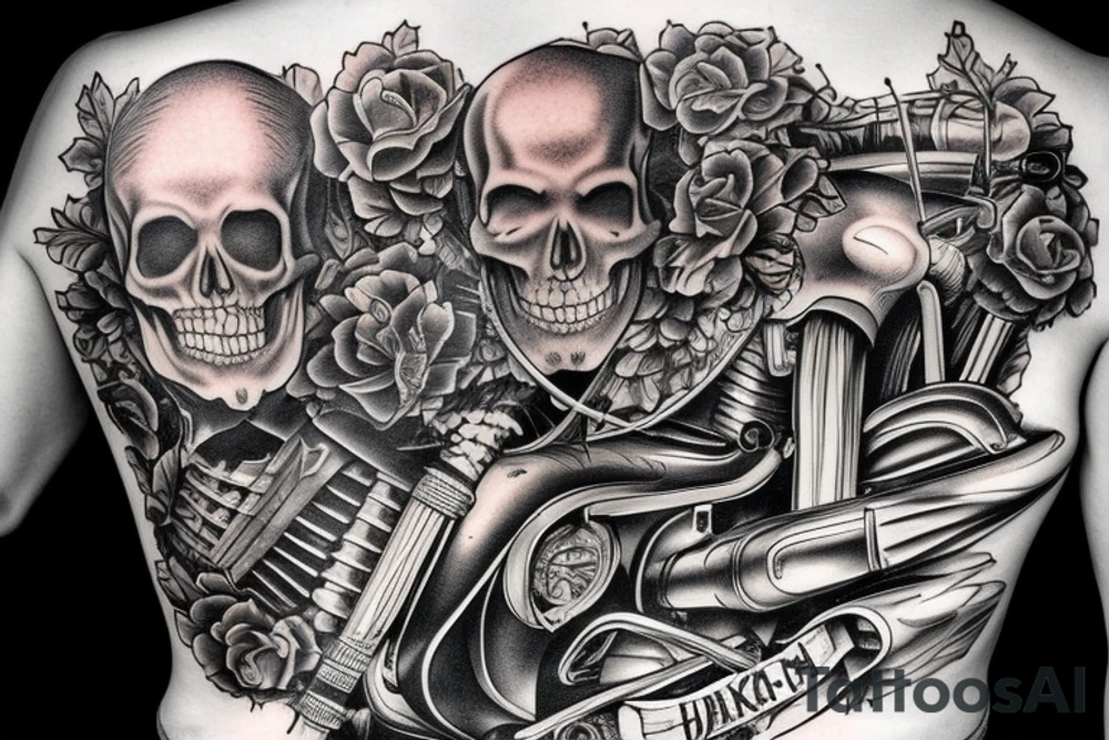 FULL BACK PIECE SKELETON RIDING A Harley Davidson STREET GLIDE THROUGH A DFRAMATIC OLD DESTERTED TOWN tattoo idea