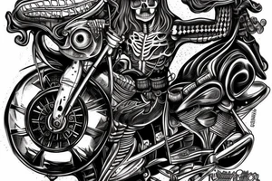 FULL BACK PIECE SKELETON RIDING A Harley Davidson STREET GLIDE THROUGH A DRAMATIC OLD DESTERTED TOWN tattoo idea