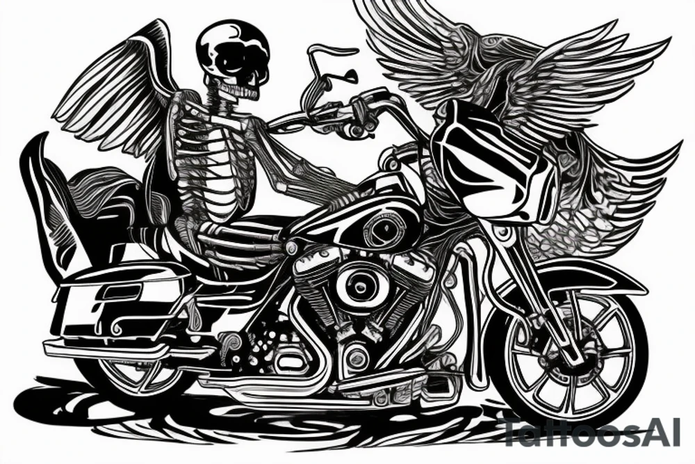 FULL BACK PIECE SKELETON RIDING A Harley Davidson STREET GLIDE THROUGH A DRAMATIC OLD DESTERTED TOWN tattoo idea