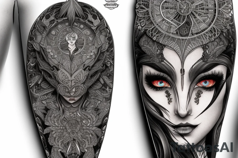 Female Elven Woman Oni Intense Elaborate Intricate Comprehensive Detailed Gorgeous Vibrant tattoo idea