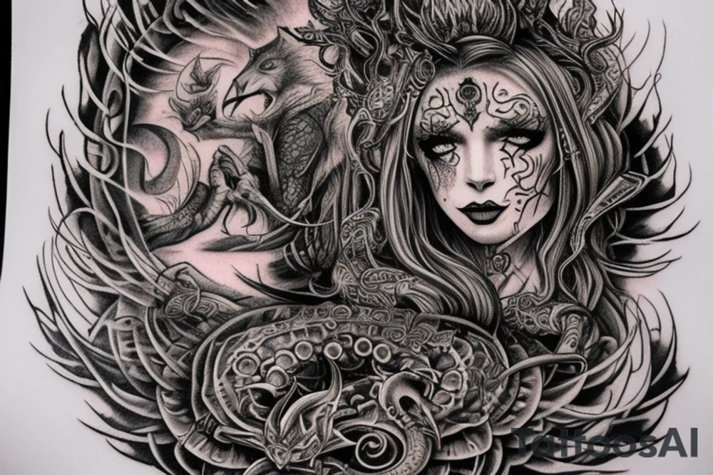 Smokey Pagan Runic Elaborate Intricate Comprehensive Demon woman gorgeous beautiful fierce Feral tattoo idea