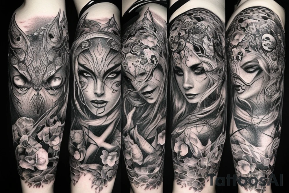 Smokey Pagan Runic Elaborate Intricate Comprehensive Demon woman gorgeous beautiful fierce Feral tattoo idea