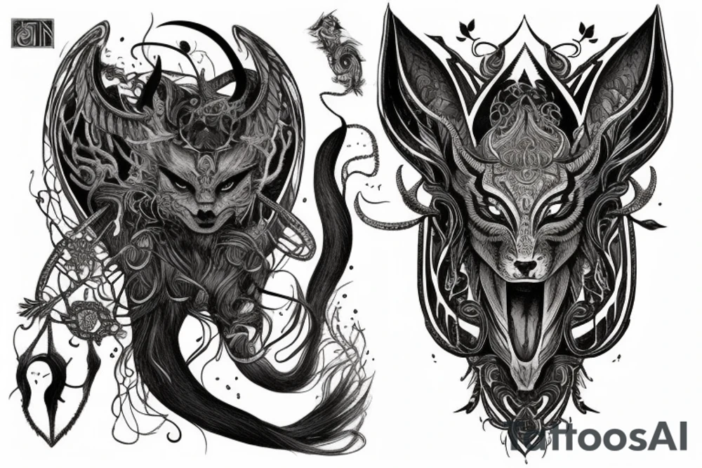 Smokey Pagan Runic Elaborate Intricate Comprehensive Demon woman gorgeous beautiful fierce Feral tattoo idea