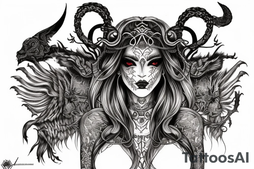 Smokey Pagan Runic Elaborate Intricate Comprehensive Demon woman gorgeous beautiful fierce Feral tattoo idea