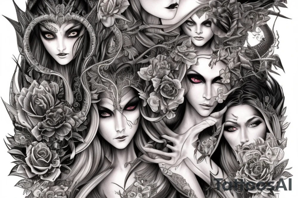 Female Elven Woman Oni Intense Elaborate Intricate Comprehensive Detailed Gorgeous Vibrant tattoo idea