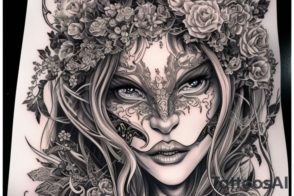 Female Elven Woman Oni Intense Elaborate Intricate Comprehensive Detailed Gorgeous Vibrant tattoo idea