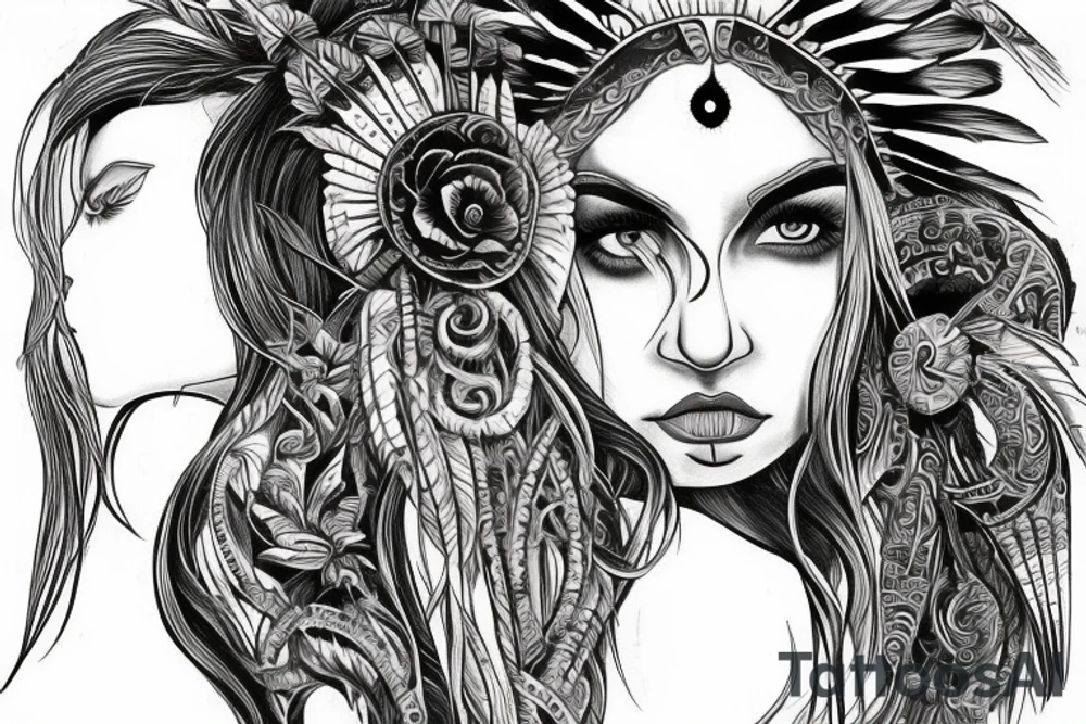 Chaos Spiritual Native American Intricate Comprehensive Detailed Elaborate female tattoo idea
