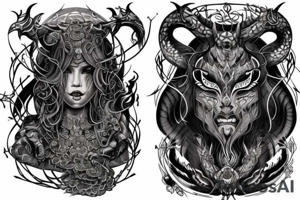 Smokey Pagan Runic Elaborate Intricate Comprehensive Demon woman gorgeous beautiful fierce Feral tattoo idea