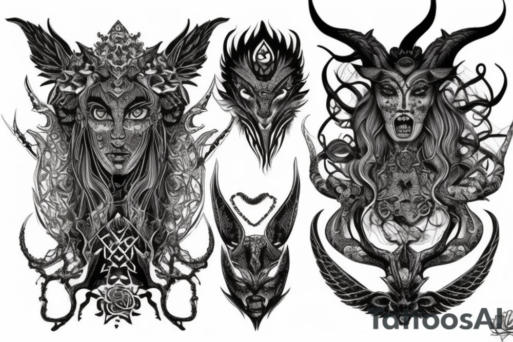 Smokey Pagan Runic Elaborate Intricate Comprehensive Demon woman gorgeous beautiful fierce Feral tattoo idea