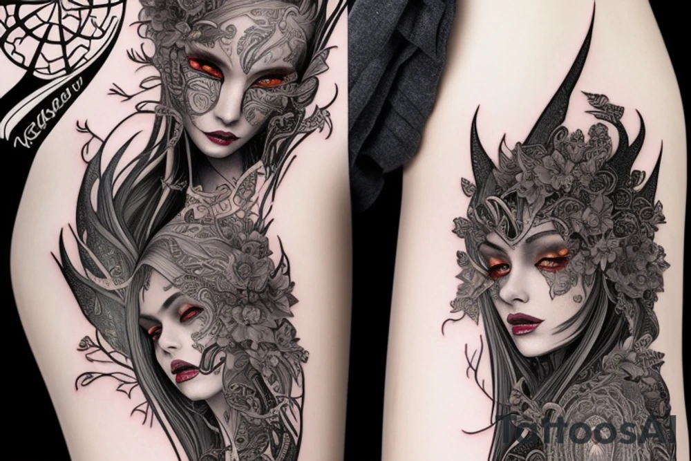 Female Elven Woman Oni Intense Elaborate Intricate Comprehensive Detailed Gorgeous Vibrant tattoo idea