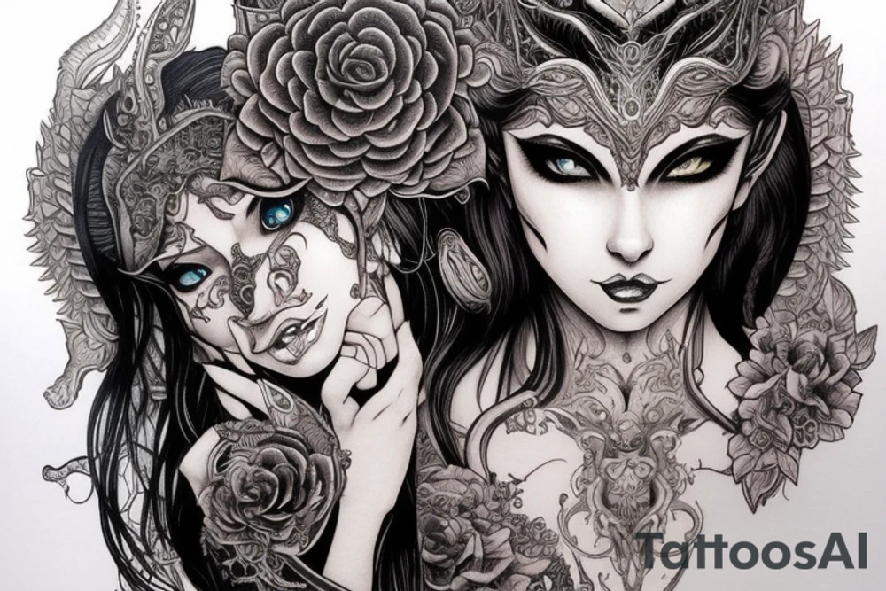 Female Elven Woman Oni Intense Elaborate Intricate Comprehensive Detailed Gorgeous Vibrant tattoo idea
