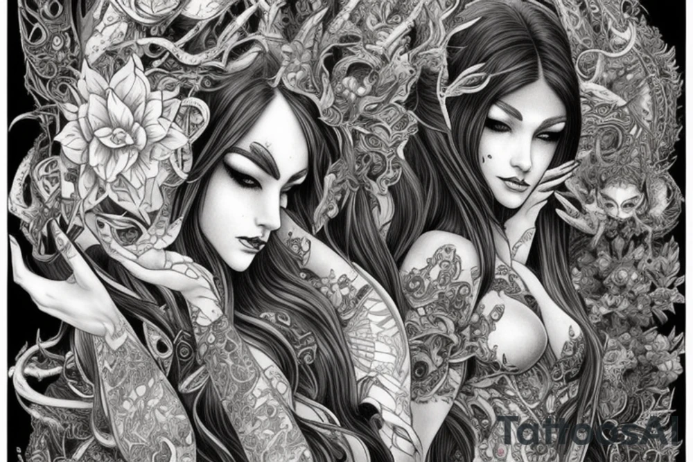 Female Elven Woman Oni Intense Elaborate Intricate Comprehensive Detailed Gorgeous Vibrant tattoo idea