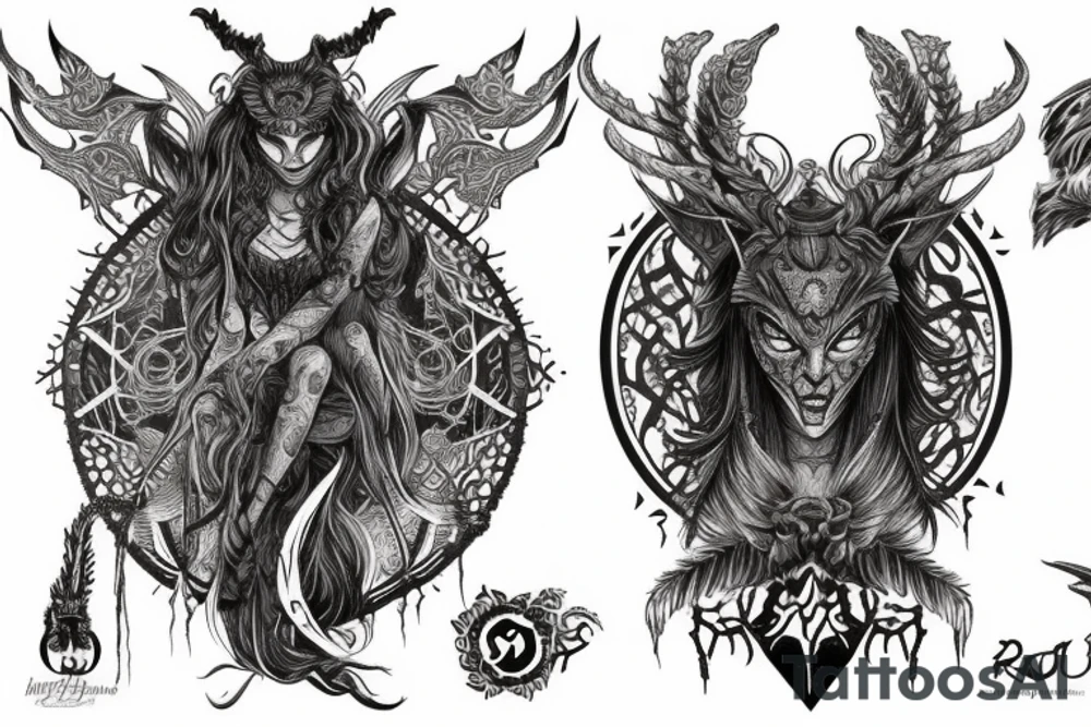 Smokey Pagan Runic Elaborate Intricate Comprehensive Demon woman gorgeous beautiful fierce Feral tattoo idea