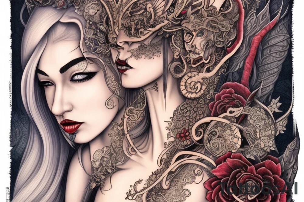 Female Elven Woman Oni Intense Elaborate Intricate Comprehensive Detailed Gorgeous Vibrant tattoo idea