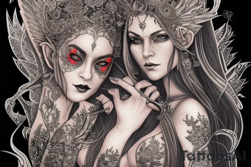 Female Elven Woman Oni Intense Elaborate Intricate Comprehensive Detailed Gorgeous Vibrant tattoo idea