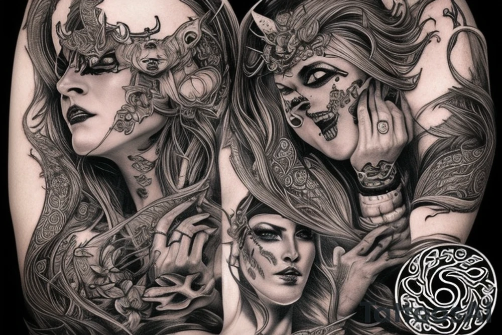 Smokey Pagan Runic Elaborate Intricate Comprehensive Demon woman gorgeous beautiful fierce Feral tattoo idea