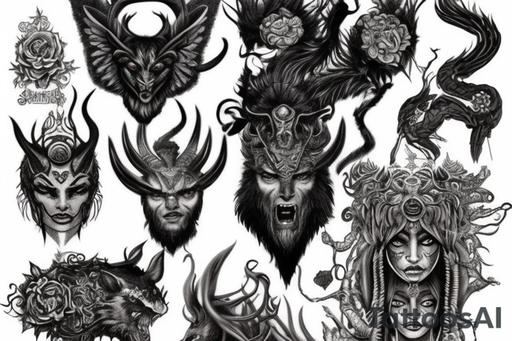 Smokey Pagan Runic Elaborate Intricate Comprehensive Demon woman gorgeous beautiful fierce Feral tattoo idea