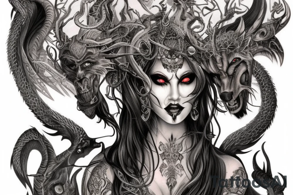 Smokey Pagan Runic Elaborate Intricate Comprehensive Demon woman gorgeous beautiful fierce Feral tattoo idea