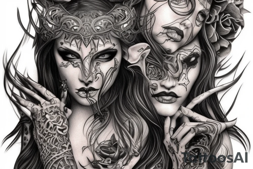 Smokey Pagan Runic Elaborate Intricate Comprehensive Demon woman gorgeous beautiful fierce Feral tattoo idea