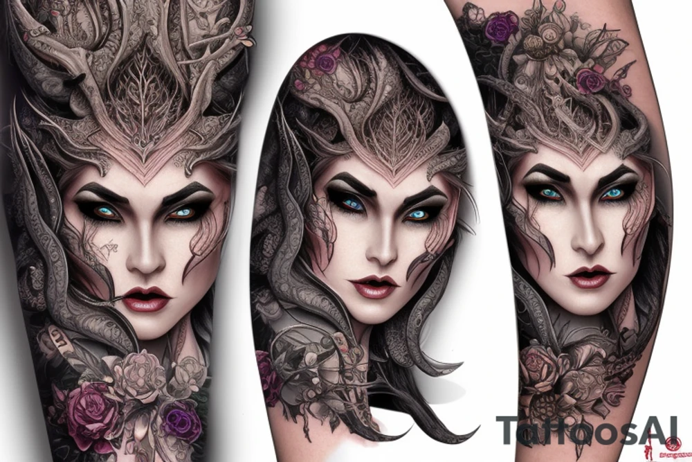 Female Elven Woman Oni Intense Elaborate Intricate Comprehensive Detailed Gorgeous Vibrant tattoo idea