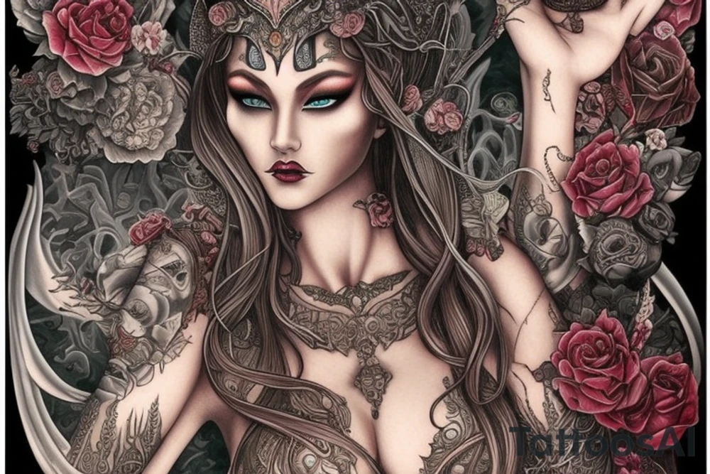 Female Elven Woman Oni Intense Elaborate Intricate Comprehensive Detailed Gorgeous Vibrant tattoo idea