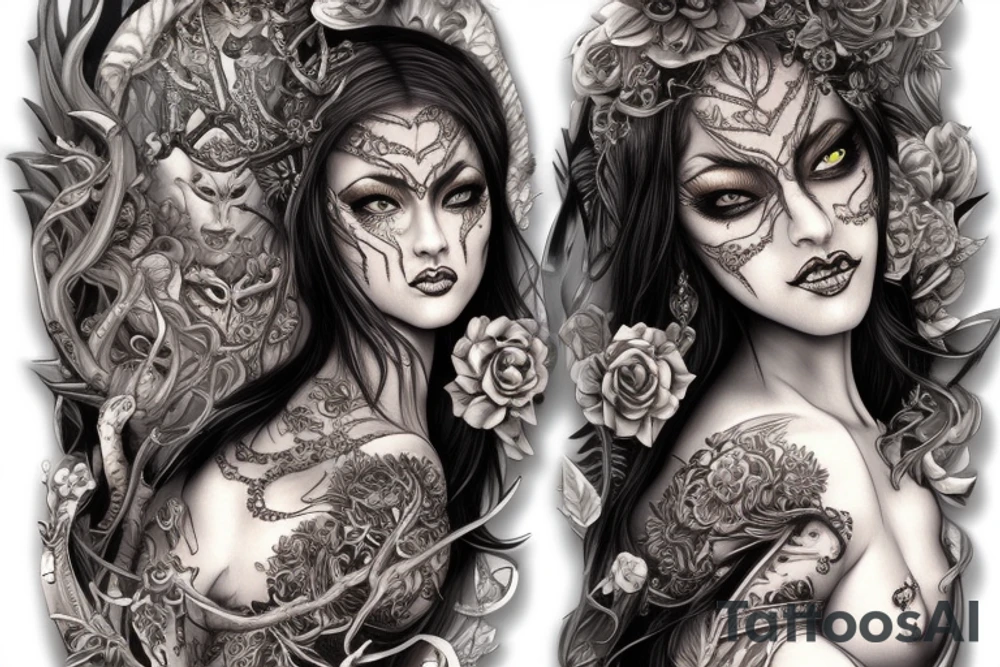Female Elven Woman Oni Intense Elaborate Intricate Comprehensive Detailed Gorgeous Vibrant tattoo idea