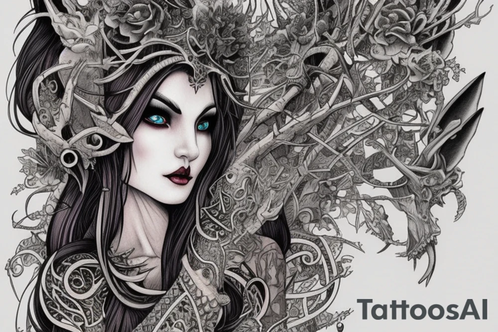 Female Elven Woman Oni Intense Elaborate Intricate Comprehensive Detailed Gorgeous Vibrant tattoo idea