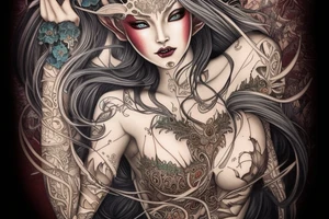 Female Elven Woman Oni Intense Elaborate Intricate Comprehensive Detailed Gorgeous Vibrant tattoo idea