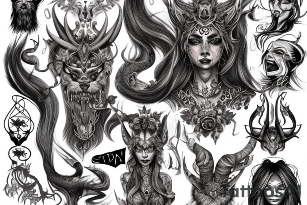 Smokey Pagan Runic Elaborate Intricate Comprehensive Demon woman gorgeous beautiful fierce Feral tattoo idea