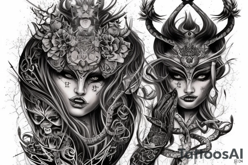 Smokey Pagan Runic Elaborate Intricate Comprehensive Demon woman gorgeous beautiful fierce Feral tattoo idea