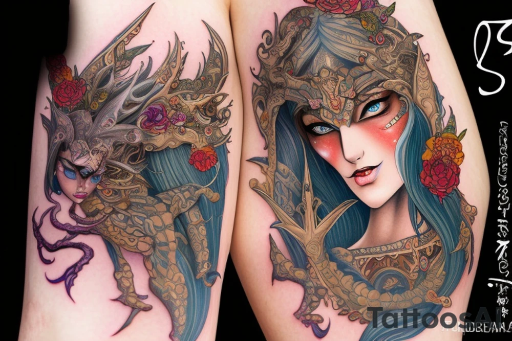 Female Elven Woman Oni Intense Elaborate Intricate Comprehensive Detailed Gorgeous Vibrant tattoo idea