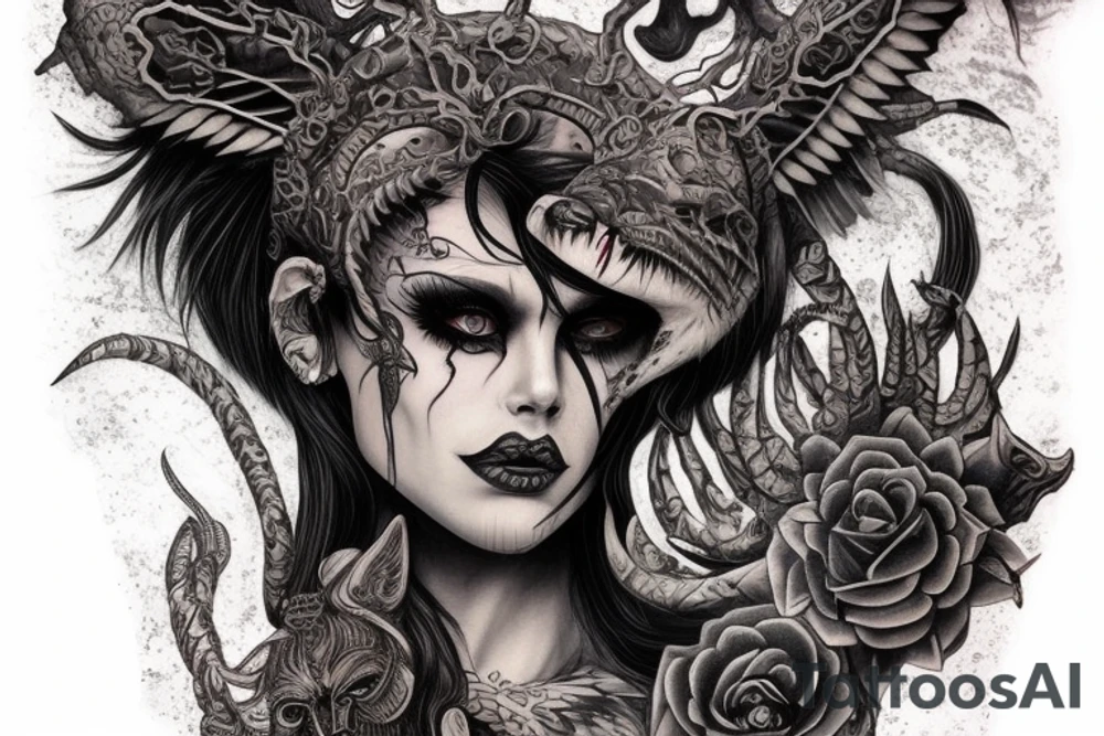 Smokey Pagan Runic Elaborate Intricate Comprehensive Demon woman gorgeous beautiful fierce Feral tattoo idea