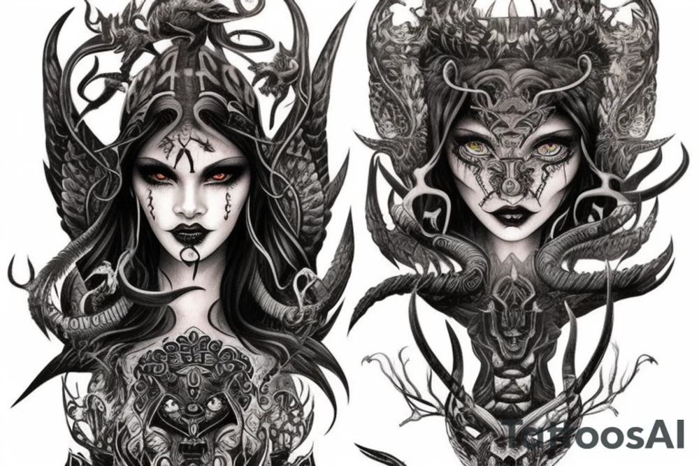 Smokey Pagan Runic Elaborate Intricate Comprehensive Demon woman gorgeous beautiful fierce Feral tattoo idea