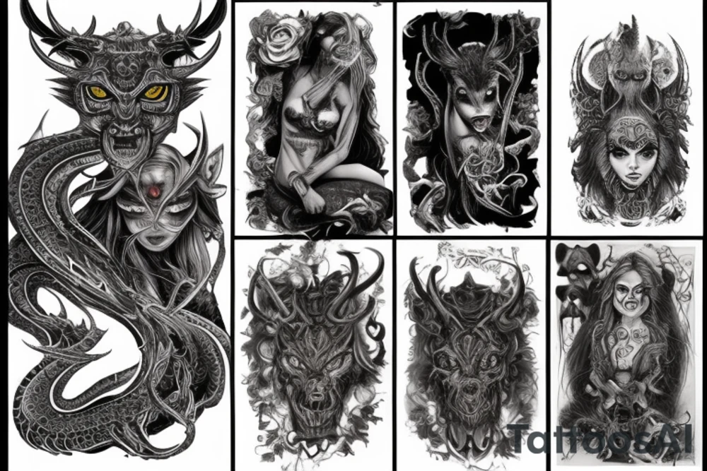 Smokey Pagan Runic Elaborate Intricate Comprehensive Demon woman gorgeous beautiful fierce Feral tattoo idea