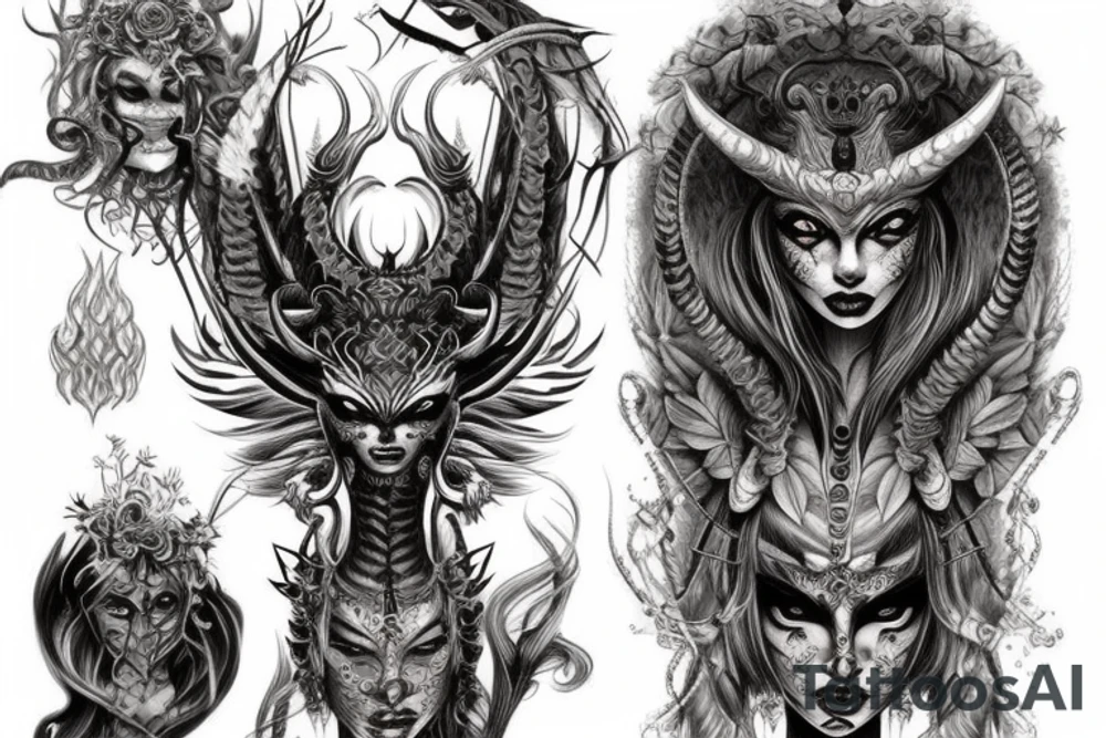 Smokey Pagan Runic Elaborate Intricate Comprehensive Demon woman gorgeous beautiful fierce Feral tattoo idea