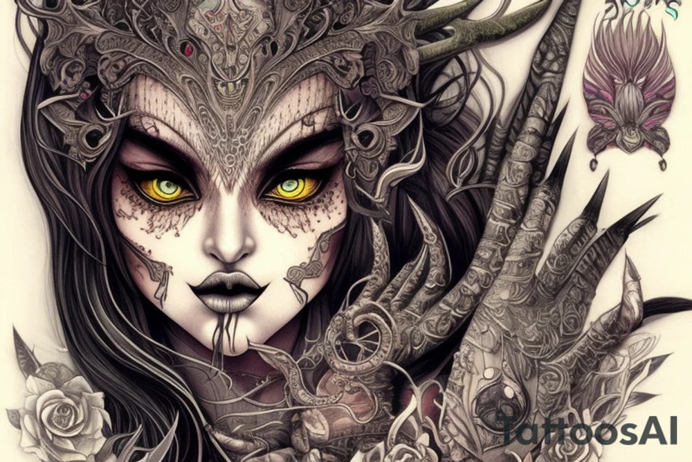 Female Elven Woman Oni Intense Elaborate Intricate Comprehensive Detailed Gorgeous Vibrant tattoo idea