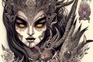 Female Elven Woman Oni Intense Elaborate Intricate Comprehensive Detailed Gorgeous Vibrant tattoo idea