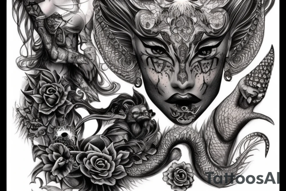 Smokey Pagan Runic Elaborate Intricate Comprehensive Demon woman gorgeous beautiful fierce Feral tattoo idea