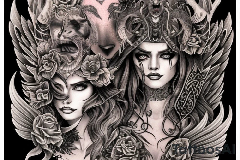 Smokey Pagan Runic Elaborate Intricate Comprehensive Demon woman gorgeous beautiful fierce Feral tattoo idea
