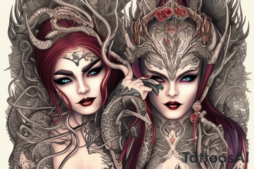 Female Elven Woman Oni Intense Elaborate Intricate Comprehensive Detailed Gorgeous Vibrant tattoo idea