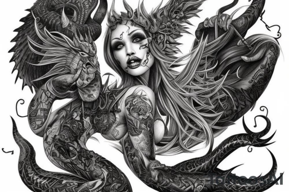 Smokey Pagan Runic Elaborate Intricate Comprehensive Demon woman gorgeous beautiful fierce Feral tattoo idea