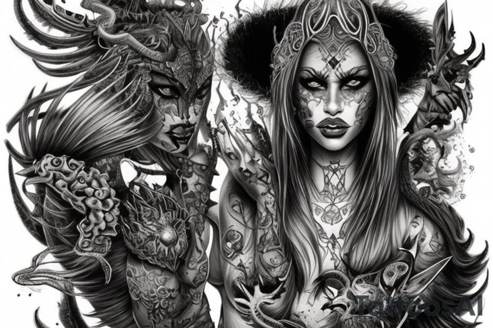 Smokey Pagan Runic Elaborate Intricate Comprehensive Demon woman gorgeous beautiful fierce Feral tattoo idea