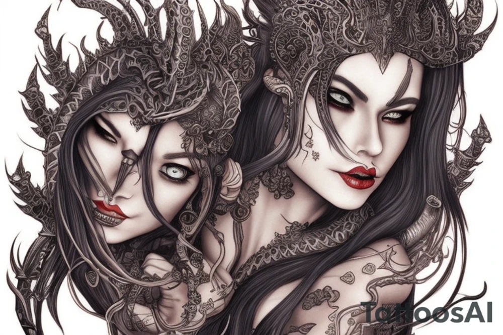 Female Elven Woman Oni Intense Elaborate Intricate Comprehensive Detailed Gorgeous Vibrant tattoo idea