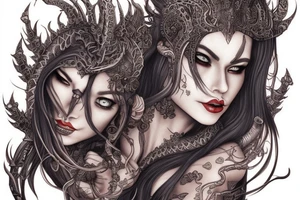 Female Elven Woman Oni Intense Elaborate Intricate Comprehensive Detailed Gorgeous Vibrant tattoo idea