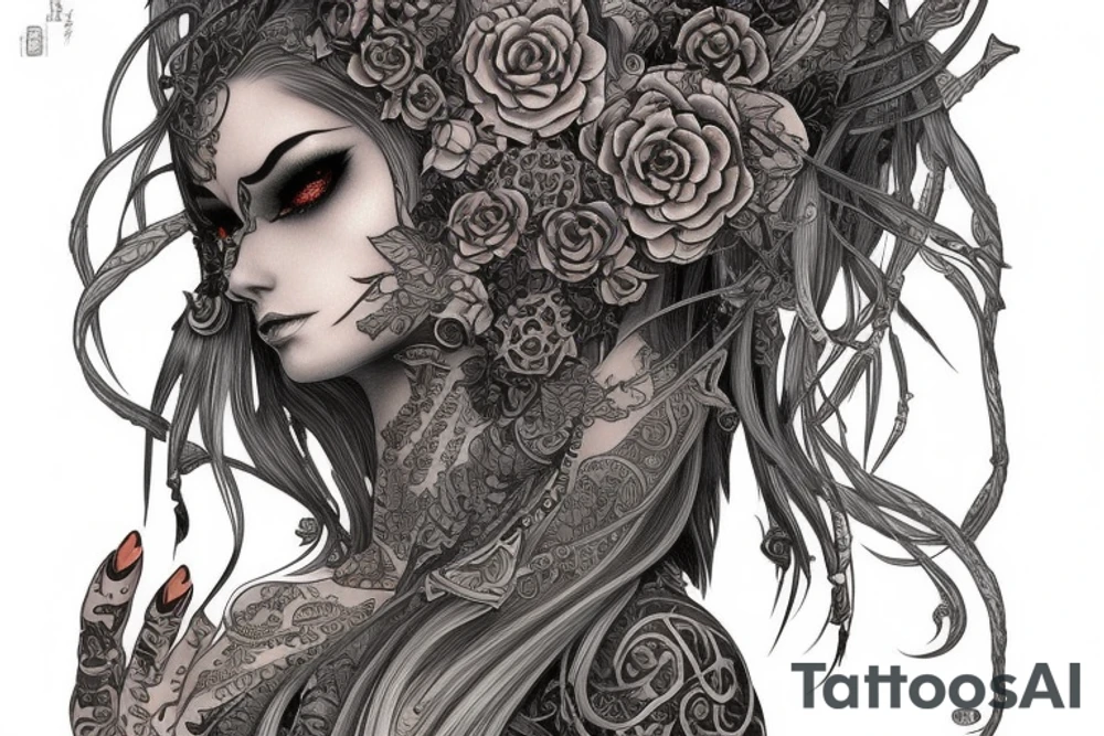 Female Elven Woman Oni Intense Elaborate Intricate Comprehensive Detailed Gorgeous Vibrant tattoo idea