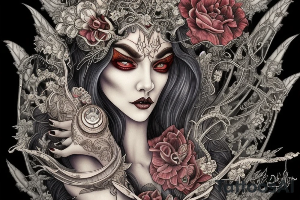 Female Elven Woman Oni Intense Elaborate Intricate Comprehensive Detailed Gorgeous Vibrant tattoo idea