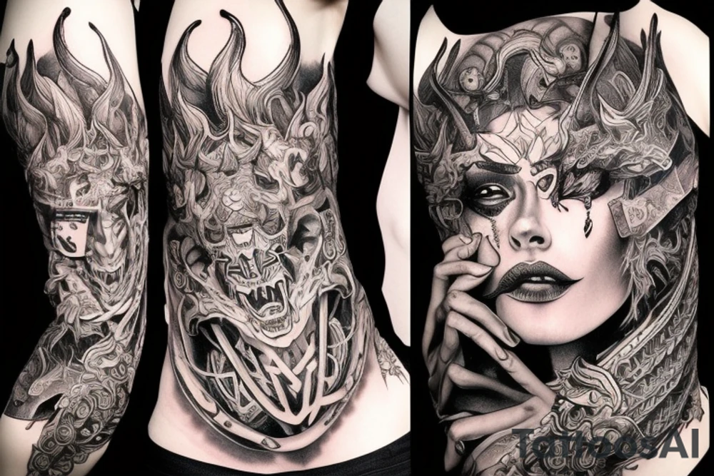 Smokey Pagan Runic Elaborate Intricate Comprehensive Demon woman gorgeous beautiful fierce Feral tattoo idea